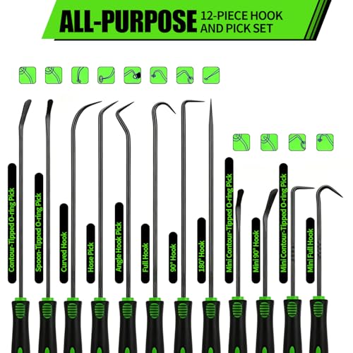12 Pcs Pick and Hook Tools Set, Automotive Pick Tool Set with Non-Slip Grip, Long and Short Automotive Picks Sets for Auto Oil Seal/O-Ring Gasket Removal Remover, Car Repair and DIY Use