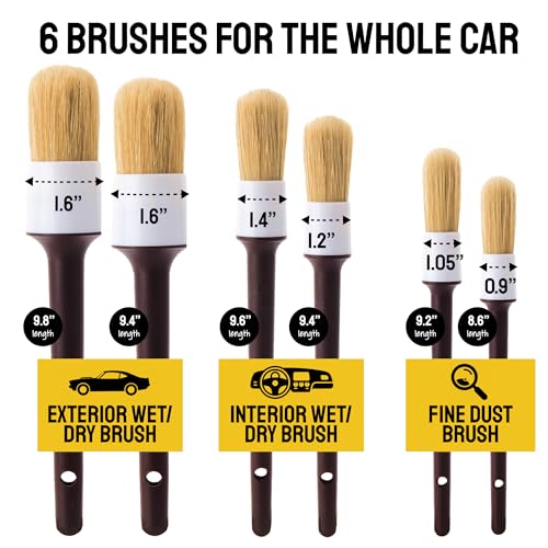 Car Detailing Brush Set 9-Pack with Tire and Wheel Brushes - Detail Dudes | 6-pc Scratch-Free Interior Boars Hair Brushes - 1-pc Exterior Tire Brush, Tire Dressing Applicator and Wheel Brush - size: 9 Pack (Full Kit)