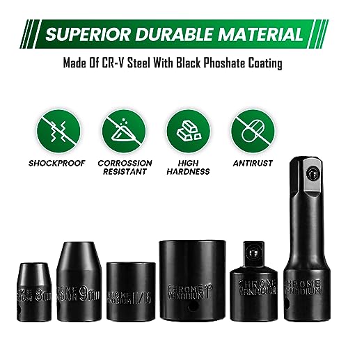 Steel Vision 35-Piece Impact Socket Set, 3/8" & 1/2" Drive Shallow SAE/Metric, 6-Point CR-V Steel Sockets with Adapter, 3" Extensions & Storage Case - size: 3/8"&1/2""_SAE&Metric_35pc