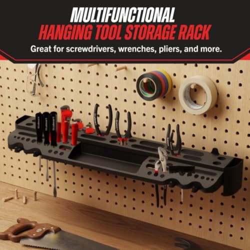 Hand Tool Organizer – Wall Mount Screwdriver Holder with 61 Holes, 4 Hooks and 2 Compartments, Utility Shelf Pliers Rack and Tools Storage Rack Organizer for Garage, Workshop, Shed, Home by Stalwart