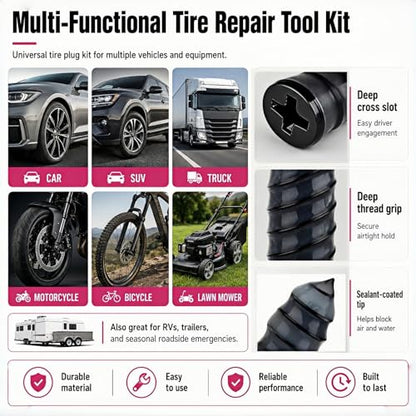 Screw in Tire Plugs Kit, 60PCS Self-Service Flat Tire Repair with Screwdriver, Tire Patch Kit Heavy Duty Professional Quick Tool with Storage Case for Car Truck Motorcycle ATV Tractor