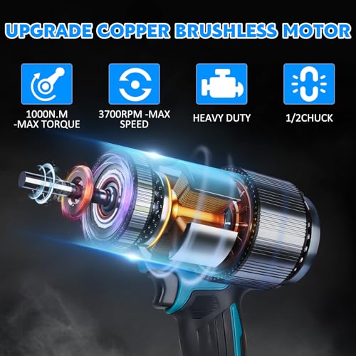 Cordless Impact Wrench 740Ft-lbs (1000N.m) Brushless 1/2" High Torque Electric Impact Gun/Drill with 21V 4.0Ah Battery,6 Sockets, 8 Drill, 6 Screws,Work for Car/Mower/DIY Woodworking