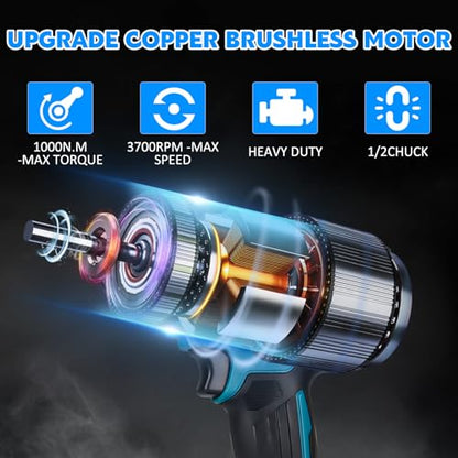 Cordless Impact Wrench 740Ft-lbs (1000N.m) Brushless 1/2" High Torque Electric Impact Gun/Drill with 21V 4.0Ah Battery,6 Sockets, 8 Drill, 6 Screws,Work for Car/Mower/DIY Woodworking