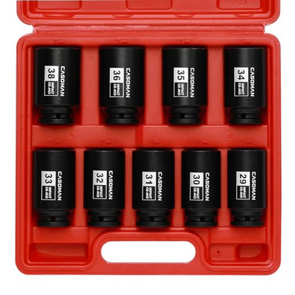 CASOMAN large socket set 1/2- Inch Drive Deep Spindle Axle Nut Impact Socket Set, 6 Point, CR-MO, Metric, 29mm-38mm, 9-Piece 1/2" Dr. Deep Impact Socket Set