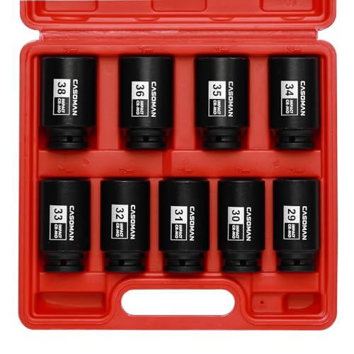 CASOMAN large socket set 1/2- Inch Drive Deep Spindle Axle Nut Impact Socket Set, 6 Point, CR-MO, Metric, 29mm-38mm, 9-Piece 1/2" Dr. Deep Impact Socket Set