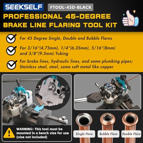 Professional Brake Line Flaring Tool Kit for 45 Degree Single, Double and Bubble Flares, 3/16", 1/4", 5/16", 3/8" and 4.75mm Steel Copper Metal Tubing, Black