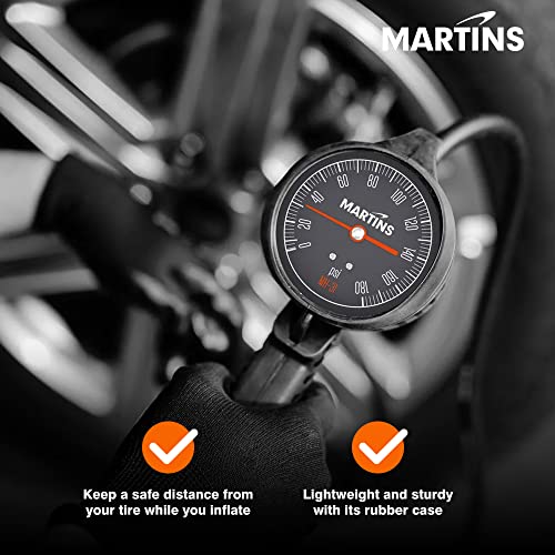 Martins Handheld Analog Tire Inflator Gauge with 6 ft Rubber Hose – Compact Tire Inflator for Automotive, Cars, Motorbikes, Bicycle – 174 PSI - size: Analog Handheld