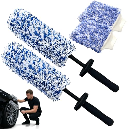 Wheel Barrel Brush, 2026 New Long Handle Microfiber Wheel Brush Car Duster Exterior,Car Duster Interior Multipurpose Cleaning Tool (Blue Set/2 Set) - color: Blue Set/2 Set