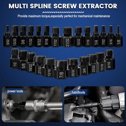 25 Pcs Screw Extractor Set, Hex Head Multi-Spline Easy Out Bolt Extractor Kit for Stripped Screw Removal, 1/8" to 7/8" in 1/32" Increments, CR-MO