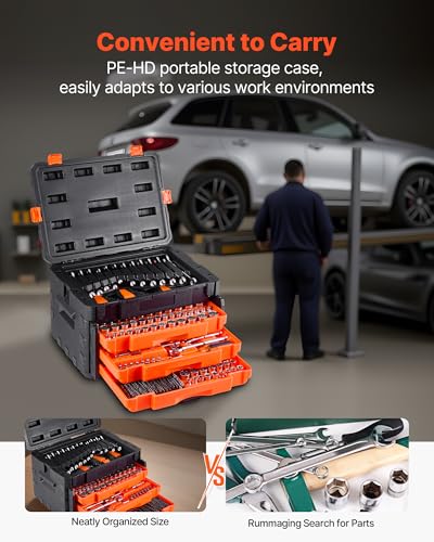 VEVOR Mechanics Tool Set and Socket Set, 450 Pcs, 1/4, 3/8 and 1/2 inch Drive Deep and Standard Sockets, SAE Metric Mechanic Tool Kit with Bits, Wrenches, Accessories, Storage Case with Orange Drawer - size: 1/4"&3/8"&1/2", style: NEW 450 PC