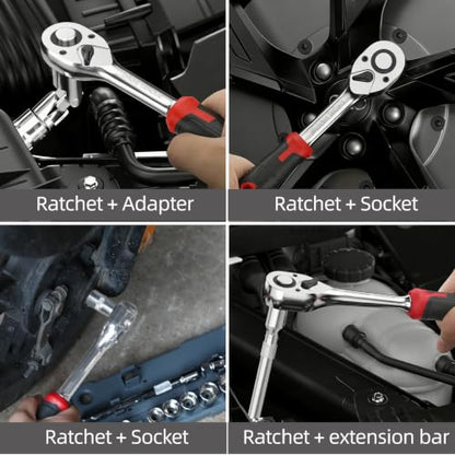 13-Piece 3/8" Drive Socket Set, Metric (8mm-21mm), 72-Tooth Quick-Release Ratchet Wrench with 4-Inch Extension Bar & Universal Joint, Professional CR-V Steel Mechanics Tool Set for Auto Repair & DIY