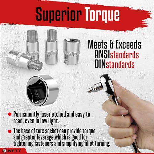 WETT Master Torx Bit Socket and External Torx Socket Set, 60-Piece 1/4", 3/8", 1/2" Drive E-Torx Sockets (E4-E24, T6-T70, TT6-TT70, TP8-TP60), S2 and CR-V Steel