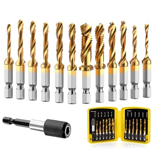 THINKWORK Combination Drill Tap & Tap Bit Set, 3-in-1 Titanium Coated Screw Tapping Bit Tool for Drilling, Tapping, Countersinking, with Quick-Change Adapter, 13 PCS SAE/Metric - size: SAE/Metric