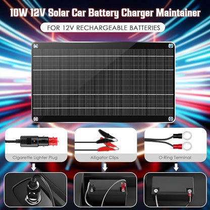 10W 12V Solar Car Battery Charger Maintainer, Solar Panel Trickle Charger | Waterproof Solar Panel Portable Solar Trickle Charger with Cigarette Lighter Plug Alligator Clip for Car Motorcycle Boat RV