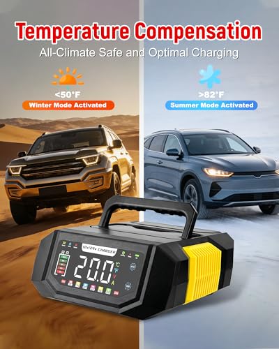 1-20A Smart Battery Charger, 12V/24V Automatic Automotive Battery Maintainer & Desulfator with Temperature Compensation, Adjustable Amp Trickle Charger for Lead-Acid, AGM, Gel, LiFePO4 - color: Yellow