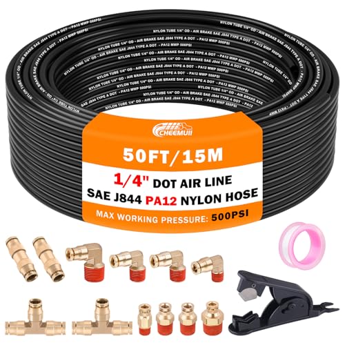 CheeMuii 12 Pcs 1/4 Brass DOT Air Fittings With 50 FT 1/4" DOT Air Line Kit 15 Meter Pneumatic Tubing with DOT Air Fittings for Semi Truck Trailer or Industrial Air System - size: 1/4Inch-15Pcs