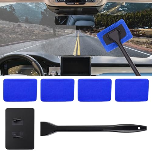 Car Window Cleaner, Car Windshield Cleaner Tool, Windshield Cleaner Inside with Extendable Handle and 4PCS Washable Reusable Cloth Pad, Car Tools Universal Auto Wiper Cleaning - color: Dark blue