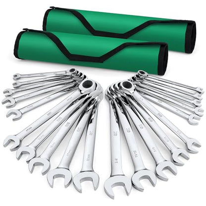 SK Ratcheting Wrench Set, Combination Wrench Set, 20-Piece, SAE 1/4" to 3/4", Metric 6 to 18mm, 72-Tooth, Premium CR-V Construction, with Rolling Pouch - size: 20-Piece, SAE 1/4" to 3/4", Metric 6 to 18mm