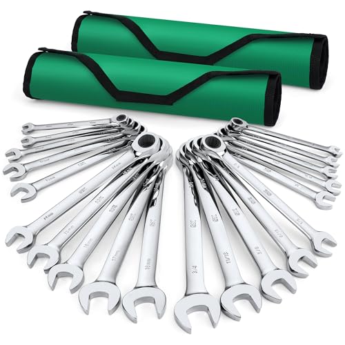 SK Ratcheting Wrench Set, Combination Wrench Set, 20-Piece, SAE 1/4" to 3/4", Metric 6 to 18mm, 72-Tooth, Premium CR-V Construction, with Rolling Pouch - size: 20-Piece, SAE 1/4" to 3/4", Metric 6 to 18mm