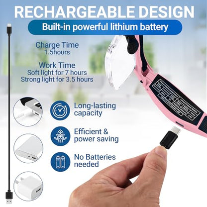 YOCTOSUN Magnifying Glasses with Light, Rechargeable Magnifying Headset with 5 Detachable Lenses 0.75X-4.0X and 3 LED Lights, Hands Free Headband Magnifier for Close Work Hobby Crafts Jewelry - color: Pink