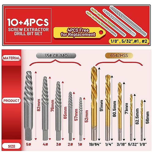 14 Pieces Screw Extractor Set Left Hand Drill Bits Set | Removing Stripped Screws and Broken Bolts 35# Cr-Mo & 6542 HSS Steel Cobalt Easy Out Broken Bolt Extractor Kit