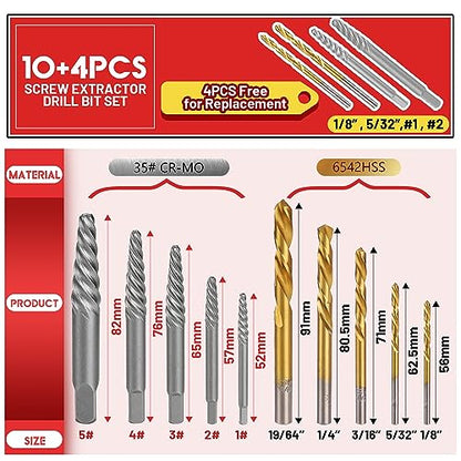14 Pieces Screw Extractor Set Left Hand Drill Bits Set | Removing Stripped Screws and Broken Bolts 35# Cr-Mo & 6542 HSS Steel Cobalt Easy Out Broken Bolt Extractor Kit