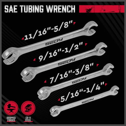 4-Piece Flare Nut Wrench Set - SAE Brake Line Wrench 1/4, 5/16, 3/8, 7/16, 1/2, 9/16, 5/8, 11/16-inch, Professional Offset Heads, Portable Organizer Pouch Included - style: 4-Pc SAE (Flare Nut)