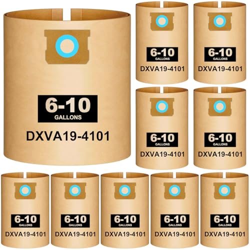 10 Pack DXVA19-4101 Vacuum Bags For DEWALT 6, 8, 9, 10 Gallon Wet Dry Shop Vac; 6-10 Gallon Bags for DXV06P, DXV09P, DXV09P-QT, DXV10P, DXV10S, DXV10SA, High Efficiency Disposable Dust Filter Bags