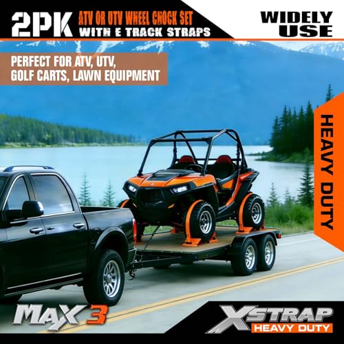 XSTRAP STANDARD 4-PK Wheel Chock E-Track Tie Down Straps Kit, 2"x9FT, Green | 4,400lb Break Strength Over-The-Tire Ratchet Straps with Steel Wheel Chocks for ATV, UTV, Lawn Mower, Trailer Hauling - size: Green-4PK-9FT