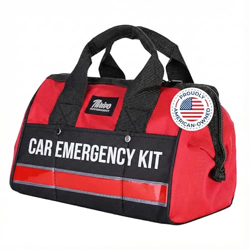 Thrive Car Emergency Kit & Roadside Emergency Car Kit - 104-Piece Set, Red Canvas Bag, Universal Fit - Jumper Cables, Escape Hammer & Tire Gauge - Road Trip Essentials & Emergency Supplies - color: Red Canvas Bag