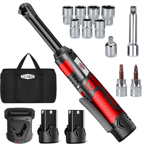 Dobetter Electric Ratchet Wrench 3/8 Cordless Ratchet Wrench Set, Extended 55 N·m Battery Powered Ratchet Tool with 2 * 2Ah Battery, 1 Fast Charger, 7 Sockets, 2 Screwdrivers, 2 Adapters - size: long-2battery