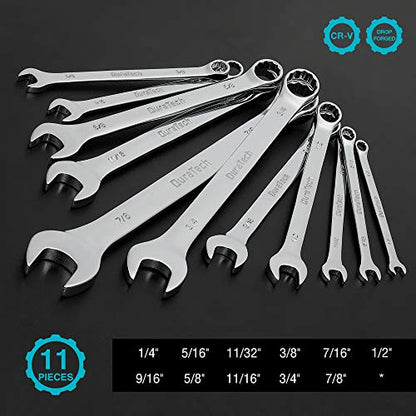 DURATECH Combination Wrench Set, SAE, 11-Piece, 1/4'' to 7/8'' | 12-Point, CR-V Steel, Organized in Wrench Holder - size: Set (1/4'' to 7/8'')