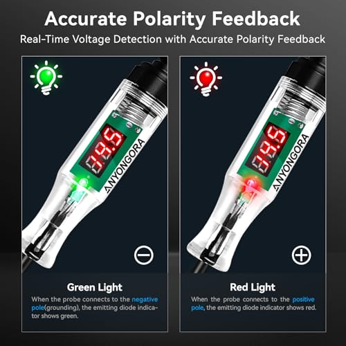Automotive Test Light, 3-48V DC Digital LED Voltmeter with Dual Polarity Indicator, Heavy Duty Circuit Tester Pen with Stainless Steel Probe & Anti-Lost Protection for Car Truck RV Fuse Battery