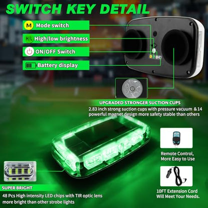 Rechargeable Emergency Roof Top Strobe Light Wireless Battery, 48LED 17 Flashing Modes,High Low Brightness,Hazard Traffic Lights w/Magnetic Base, Remote Control for Construction Vehicles (Green) - color: Green