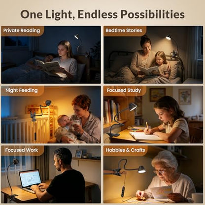 LEPOWER Clip on Light, Reading Lights for Books in Bed, 400LM, RG0 Eye-Care | 5 Colors & Stepless Dimming, Amber Glow Light & Auto Timer, Up to 2.3" Strong Clamp with Adapter for Headboard, Bedside, Desk - color: Black
