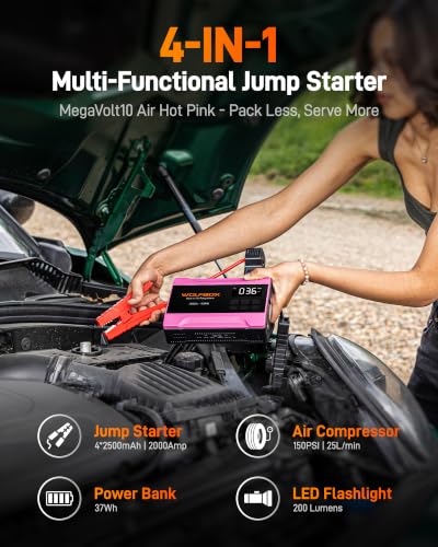 WOLFBOX 2000A Jump Starter with Air Compressor, 37Wh Car Battery Booster Jumper Starter Portable(up to 5L Gas Engine), 12V Jump Box Pack with 150PSI Tire Inflator, Jumper Cables, LED Light — Hot Pink - color: Hot Pink