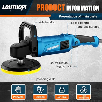LDHTHOPI Buffer Polisher, 1800W 6 inch/7 inch Rotary Buffer Polisher Waxer, 2026 Upgraded 750-3100RPM Car Buffers and Polishers with 6 Variable Speeds, for Car, Boat, Furniture, Floor - size: 1800W Rotary Buffer Polisher