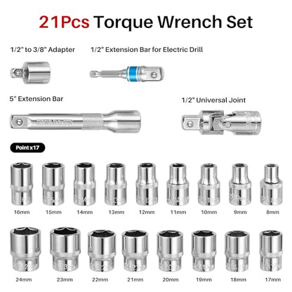 1/2 Inch Drive Torque Wrench Set 10-170 Ft-Lb for Lug Nut Car Moto | Click Inch Pound Torque Socket Set(13.6-230.5Nm),72T Dual Direction 3% Precision, Adjustable Wrench for Bicycle Tire DIY - style: Set 1/2"DR.170FT-LB