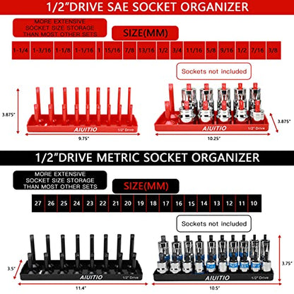 AIUITIO 8 Piece Metric & SAE Socket Organizer Tray Set, 1/4-Inch, 3/8-Inch & 1/2-Inch Drive Standard & Deep Socket Holders for Toolboxes, Store 176 Sockets - size: 176 Socket Capacity