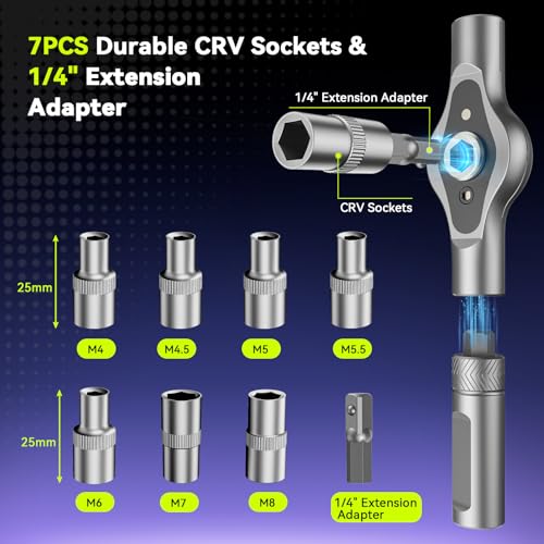 25 in 1 Magnetic Ratchet Screwdriver Set, S2 Steel Bits & 7 CR-V Sockets, Flexible Shaft, Magnetic Multi Bit Screwdriver Kit with Case for Furniture, Electronics, Bicycle & Home Repair - size: 25 in 1