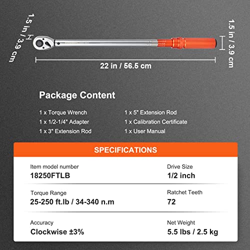 VEVOR 1/2-inch Drive Click Torque Wrench 25-250ft.lb/34-340n.m, Dual-Direction Adjustable Torque Wrench Set with Mechanical Dual Range Scales and Adapters Extension Rod - size: 25-250 FT.LB, style: 1/2-inch