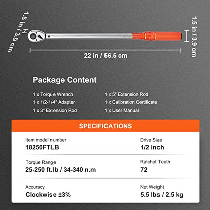 VEVOR 1/2-inch Drive Click Torque Wrench 25-250ft.lb/34-340n.m, Dual-Direction Adjustable Torque Wrench Set with Mechanical Dual Range Scales and Adapters Extension Rod - size: 25-250 FT.LB, style: 1/2-inch