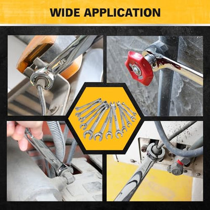 ELEAD 14-Piece Flare Nut Wrench Set with PTFE Tape, Metric & SAE 1/4"-7/8"& 6-21mm, Brake Line Wrench Set Double Open End with Organizer Pouch for Repairing and Removing Nuts - color: Silver