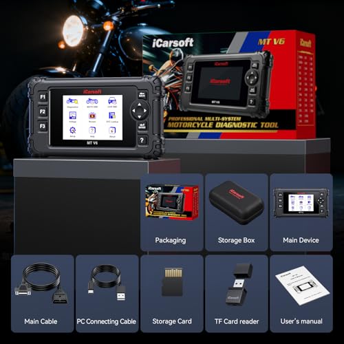 iCarsoft MT V6 for Triumph Motorcycle Full System Diagnostic Scan Tool Motorbike, Car 2-in-1 OBD2 Scanner Code Reader Up to 53 Services and 55 Bidirectional Tests Battery Test Lifetime Free Update