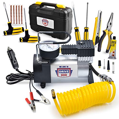 Tire Inflator Portable Air Compressor – 12V DC Air Pump for Car Tires, 150 PSI Electric Air Pump with Tyre Pressure Gauge – Corded Yellow by WE LOVE TO DRIVE - color: Yellow