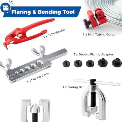 25ft 3/16" Brake Line Kit with Flaring & Bending Tool, Zinc-Coated Steel | 24 Fittings + 4 Unions, rust-proof steel tubing, universal design for brake system replacement - size: 3/16, 1 Kit