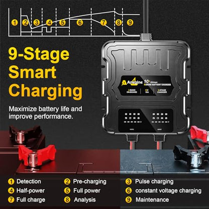 2 Bank Marine Battery Charger, 20A (10A/Bank) 12V IP68 Waterproof LCD Onboard Battery Charger with Overcharge Protection, Battery Maintainer for Lead-Acid, AGM, Gel, LiFePO4, Lithium, Boat, Car, RV