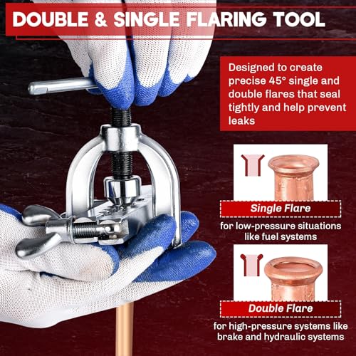 Brake Line Double & Single Flaring Tool Kit with Tubing Cutter | 45° Flare Tool Set with 5 Adapters for Copper, Aluminum & Brass Tubing, Brake Line Flaring Tool Kit