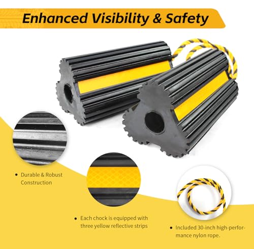 MaxxHaul 51013 Solid Rubber Wheel Chock for Travel Trailers Camper RV Truck Car Sturdiness Heavy Duty Simple Easy to use Tires Chock Block Stopper with Nylon Rope Yellow Reflective Tape 2 Pack - style: Rubber Wheel Chock - Lobe Shaped