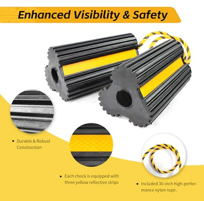 MaxxHaul 51013 Solid Rubber Wheel Chock for Travel Trailers Camper RV Truck Car Sturdiness Heavy Duty Simple Easy to use Tires Chock Block Stopper with Nylon Rope Yellow Reflective Tape 2 Pack - style: Rubber Wheel Chock - Lobe Shaped
